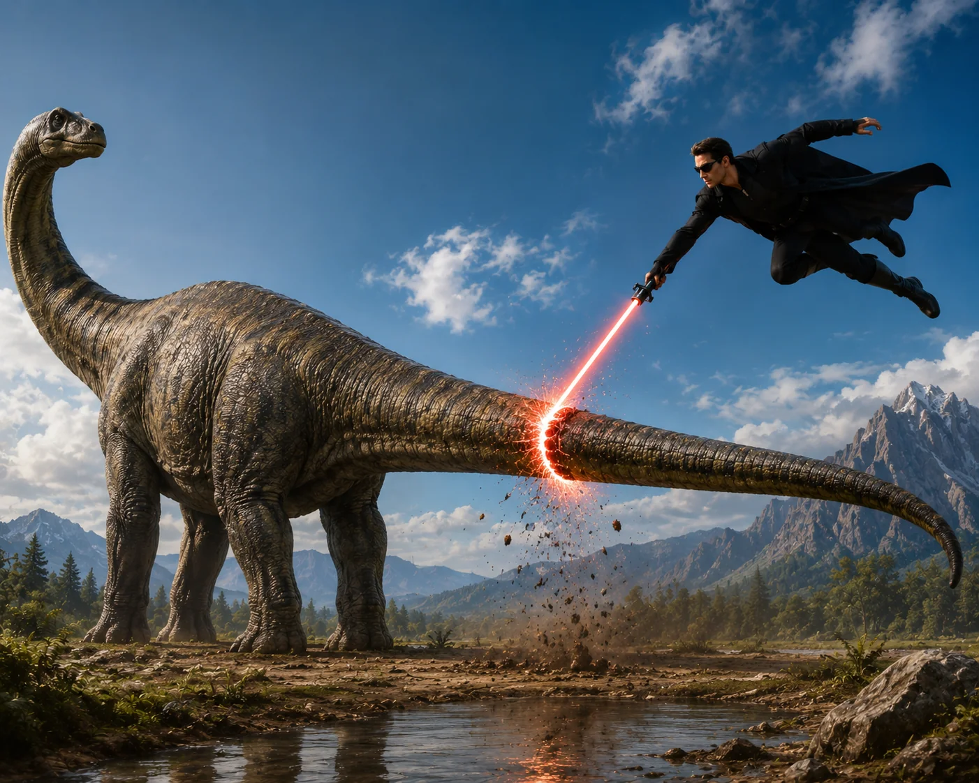 A figure cuts off a dinosaur's tail with a lightsaber — representing how AI flips the economics of enterprise software