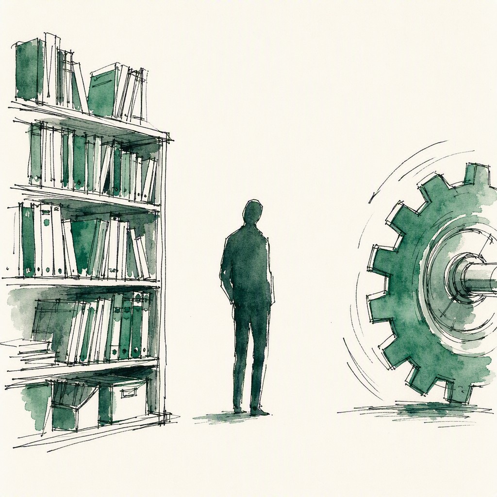 An ink and watercolor illustration of a bookshelf on one side, a gear on the other, and a figure standing in the empty gap between them