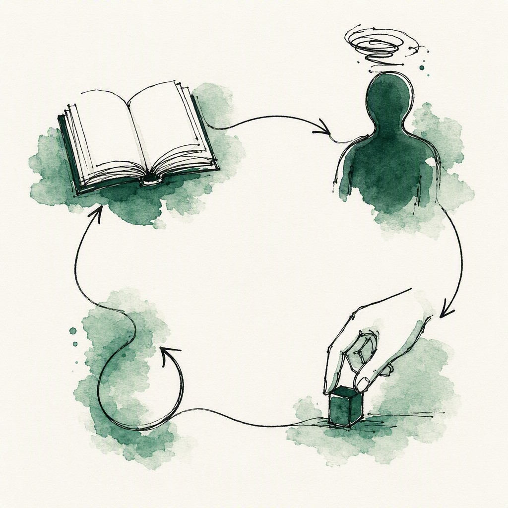 An ink and watercolor illustration of four vignettes, a book, a thinking figure, a hand acting, and a feedback loop, connected in a continuous circular flow