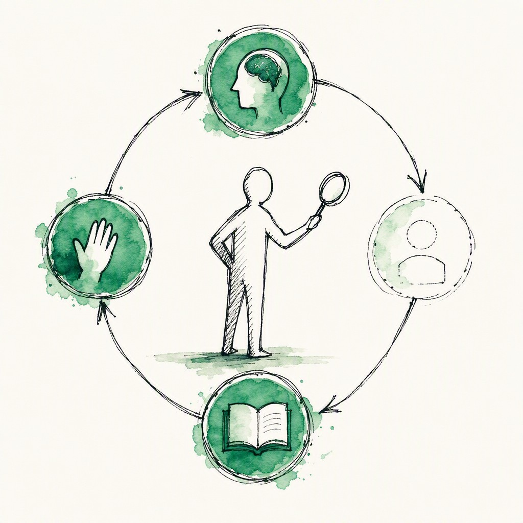 An ink and watercolor illustration of a figure inspecting one node of a four-part loop with a magnifying glass, three nodes glowing fully and one only partially filled