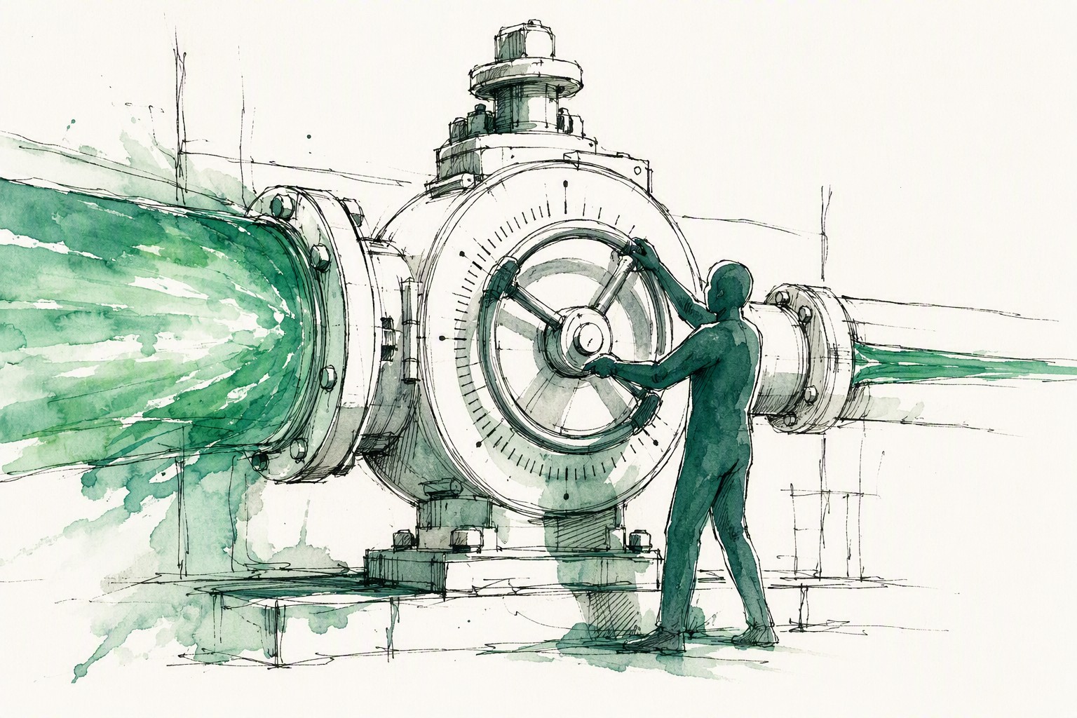 An ink and watercolor illustration of a hand calibrating a valve, with glowing green light flowing through it in a controlled, metered stream