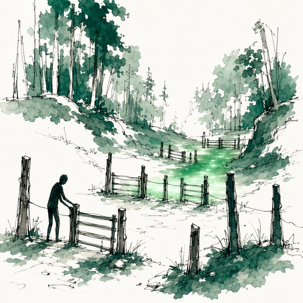 An ink and watercolor illustration of a figure setting up fence posts and gates along a path before a stream of glowing green light