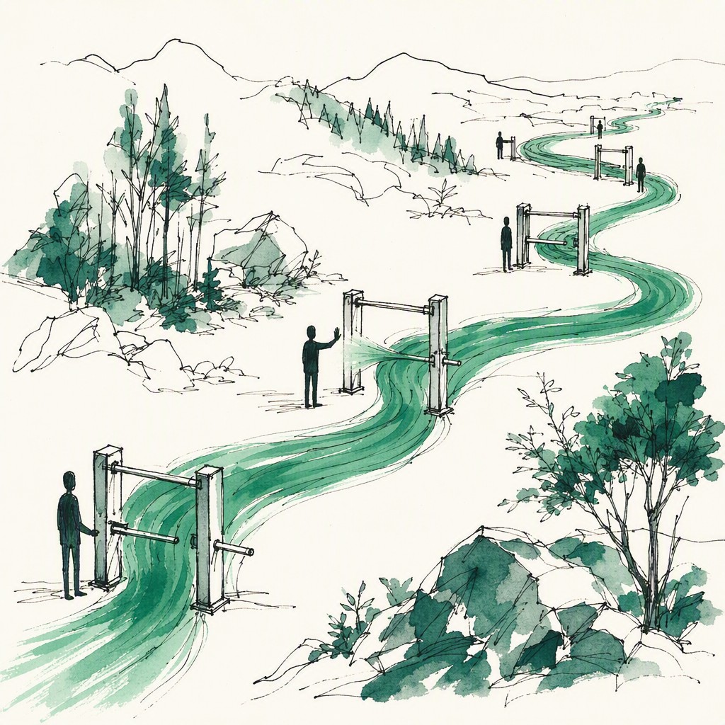 An ink and watercolor illustration of a winding stream of glowing green light passing through several checkpoint gates, each watched by a figure