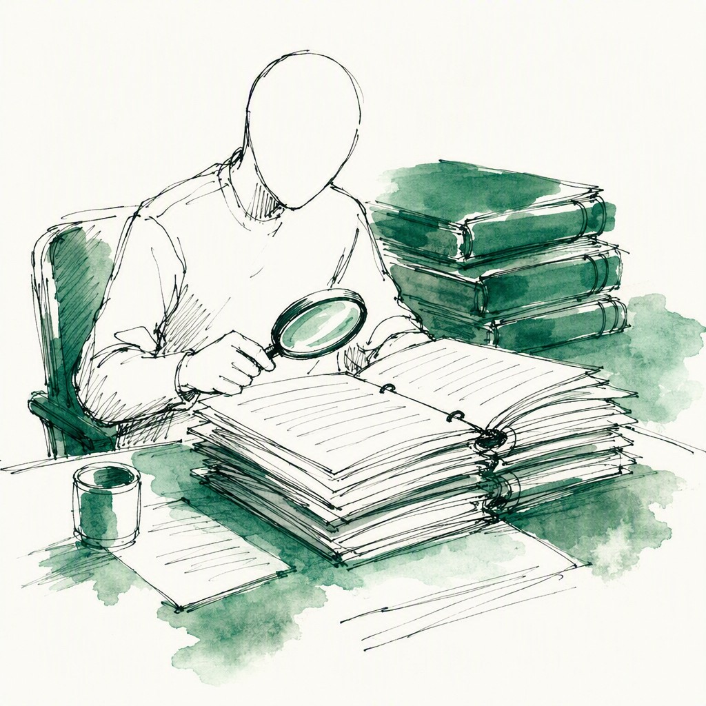 An ink and watercolor illustration of a figure calmly reviewing a stack of ledger pages with a magnifying glass, with completed glowing green shapes stacked nearby