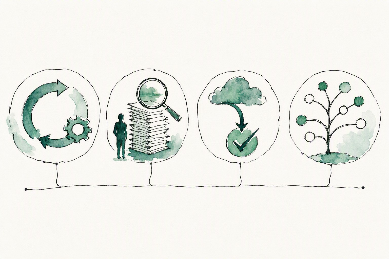 An ink and watercolor illustration of four distinct vignettes arranged in a row, representing four separate jobs organizations hire AI for