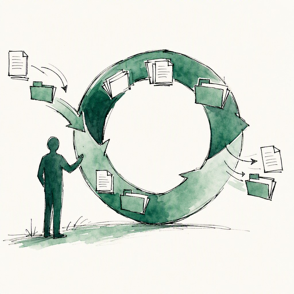 An ink and watercolor illustration of a looping wheel with documents cycling continuously through it, a figure standing beside it