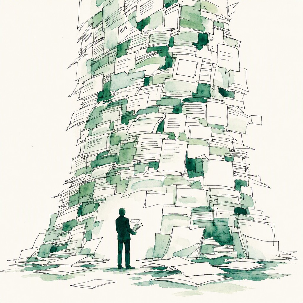 An ink and watercolor illustration of a small figure standing at the base of a towering stack of unread documents