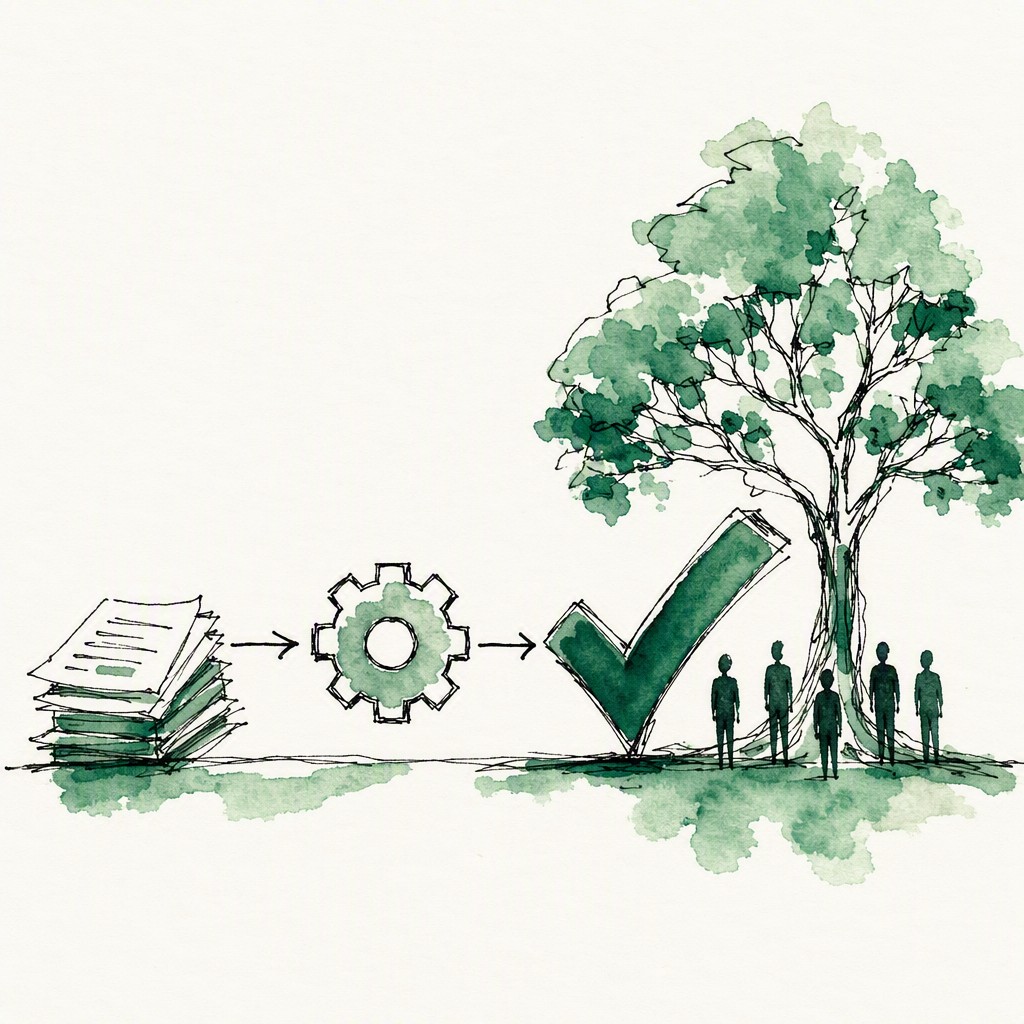 An ink and watercolor illustration of documents flowing through a gear into a checkmark, beside a tree with figures standing beneath its branches