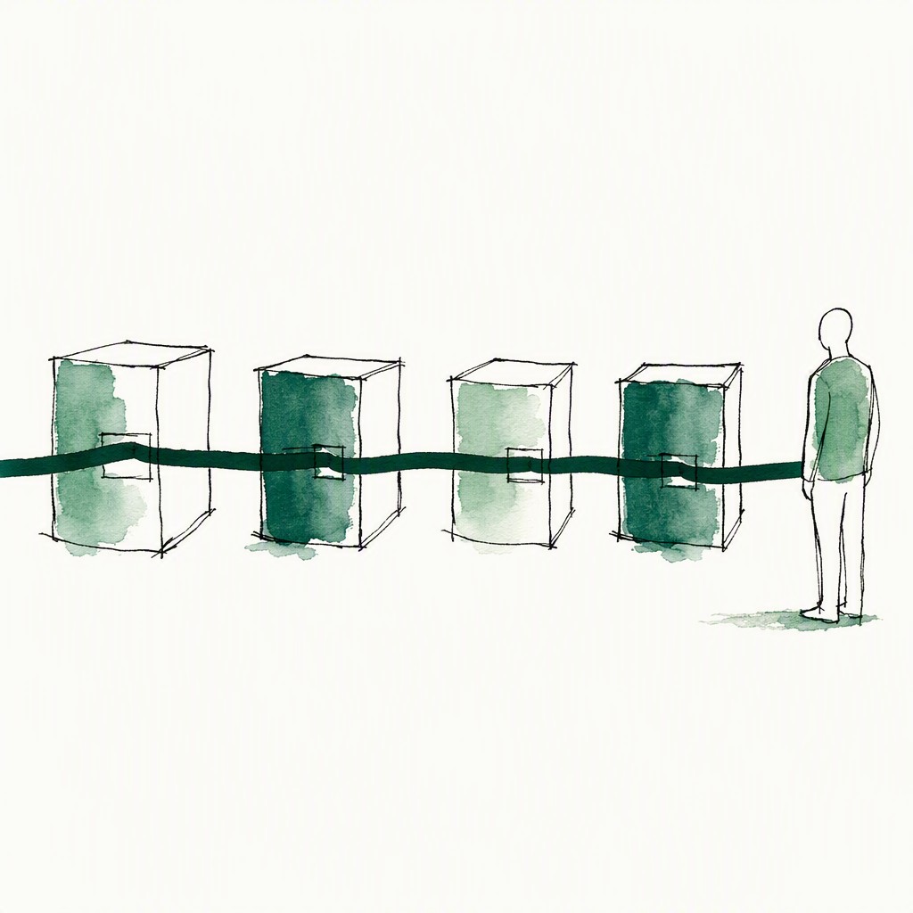 An ink and watercolor illustration of separated system blocks now connected by a single confident line, with a calm figure standing beside them