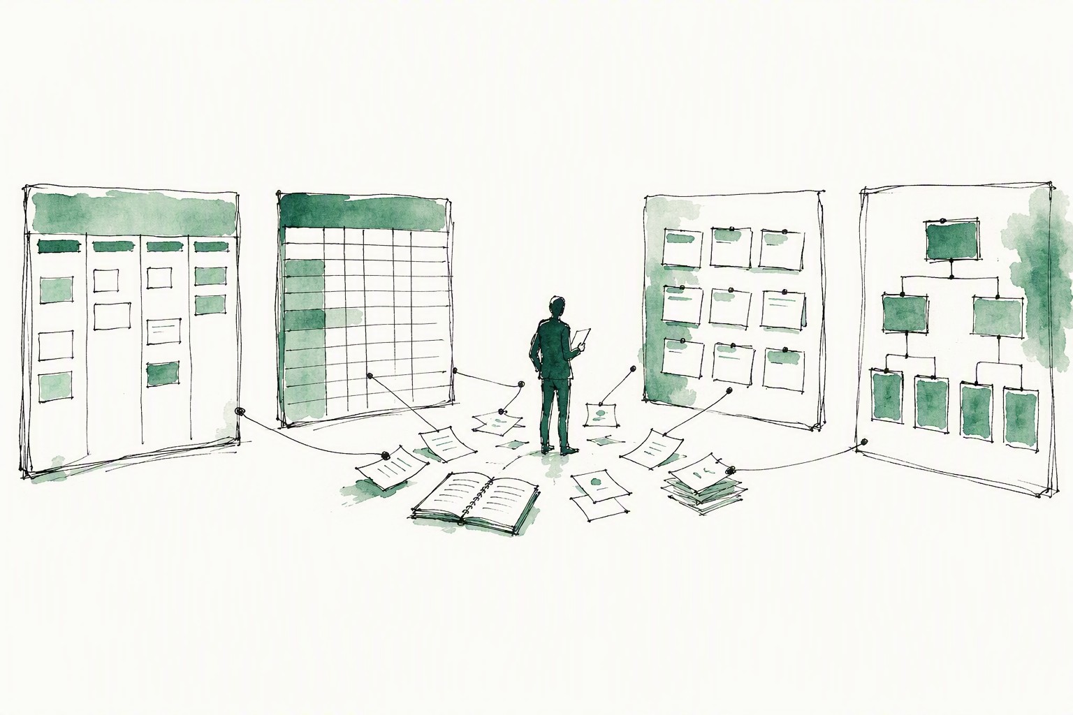 An ink and watercolor illustration of separate enterprise system blocks with a human figure standing in the gap between them, surrounded by scattered papers