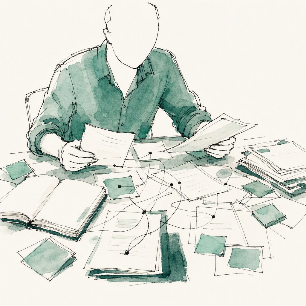 An ink and watercolor illustration of a person at a desk surrounded by scattered papers, hands full, connecting documents by hand