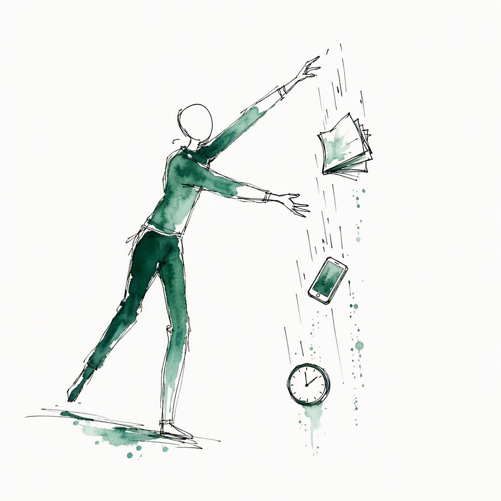 An ink and watercolor illustration of a figure with arms outstretched, papers and objects slipping through their hands and falling
