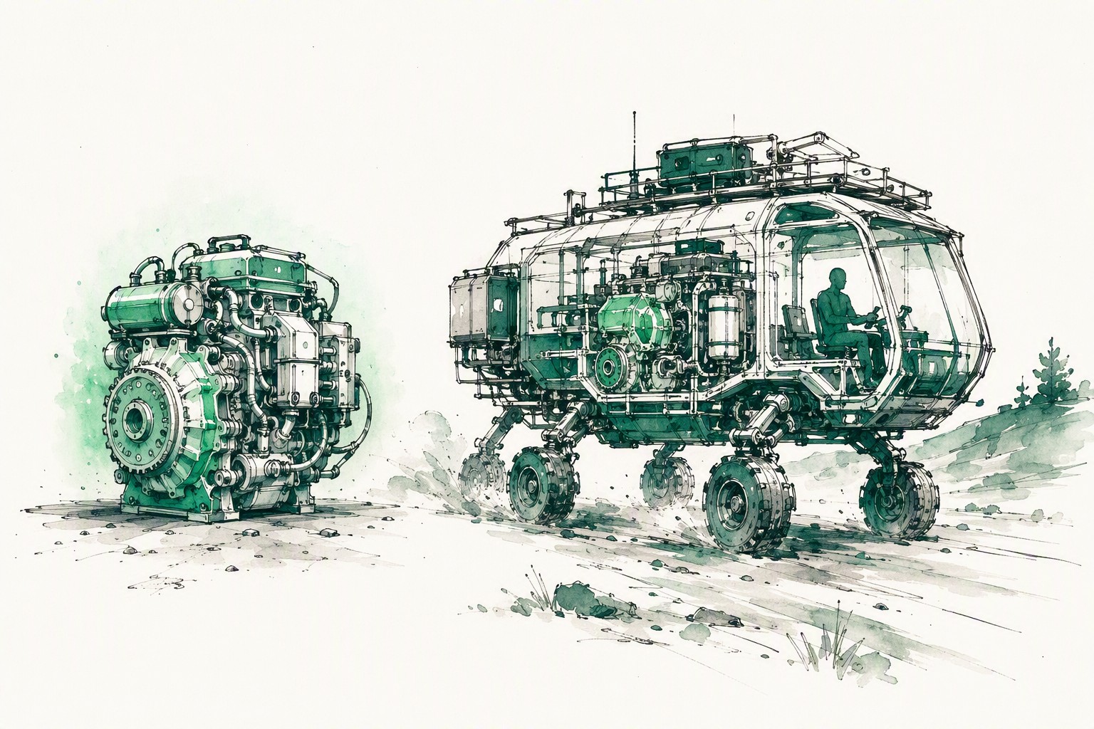 An ink and watercolor illustration contrasting an isolated glowing engine on one side with a complete assembled vehicle on the other