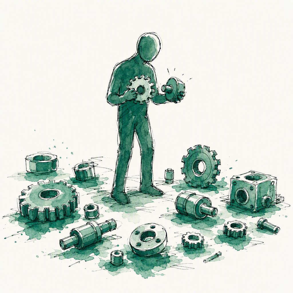 An ink and watercolor illustration of a figure surrounded by scattered, disconnected gears and mechanical parts, attempting to fit two together