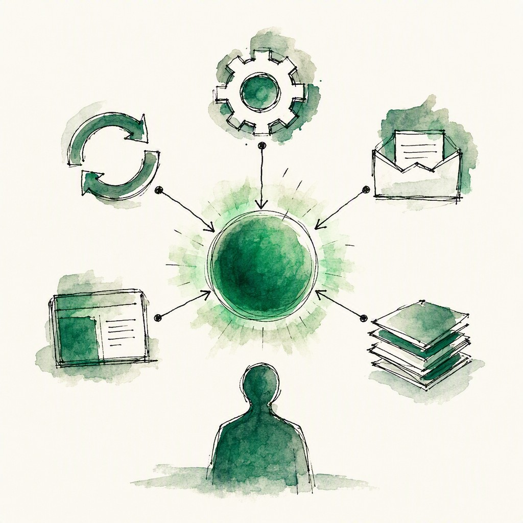 An ink and watercolor illustration of five distinct shapes connecting into a single glowing green core