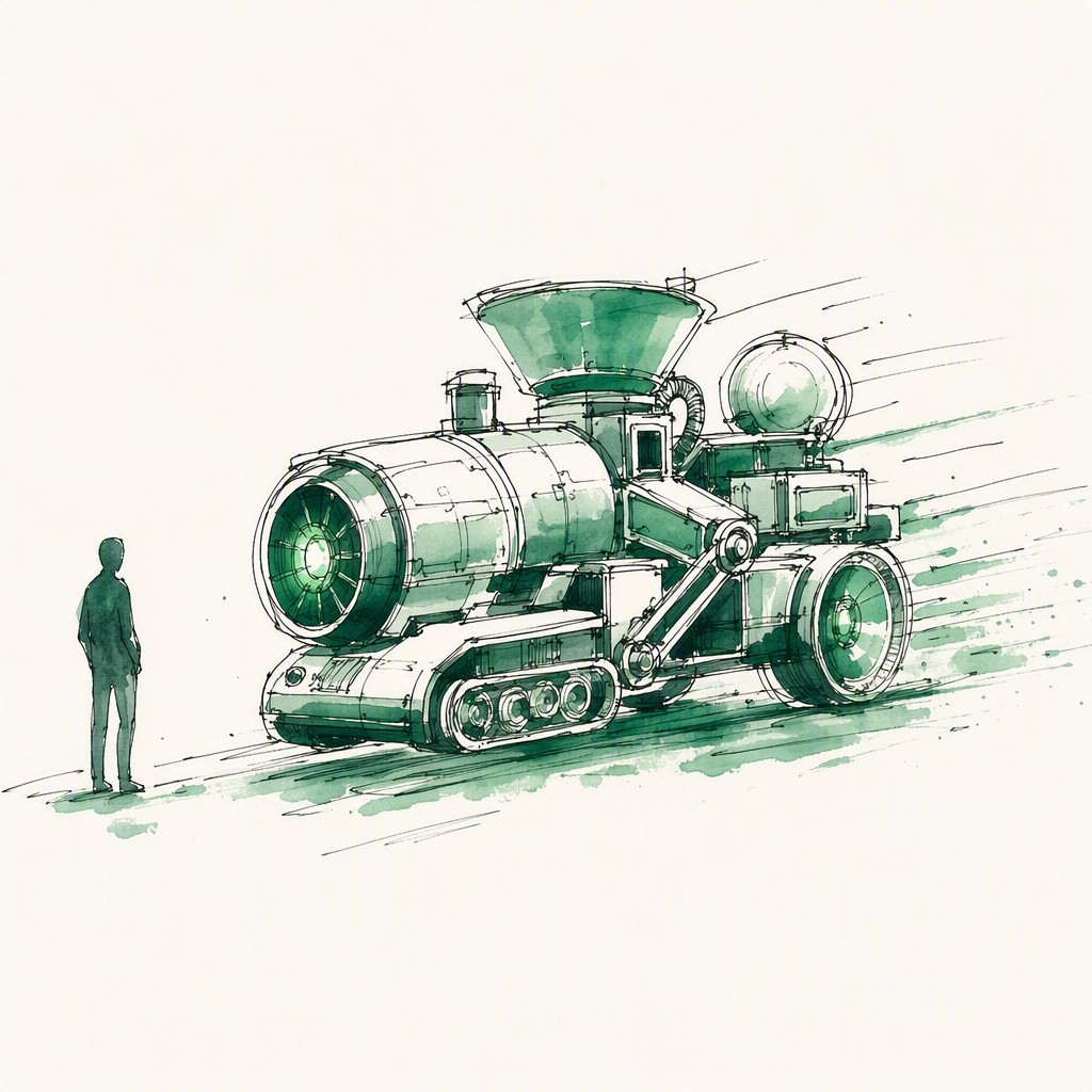 An ink and watercolor illustration of a complete assembled machine moving forward on its own, with a calm figure standing beside it